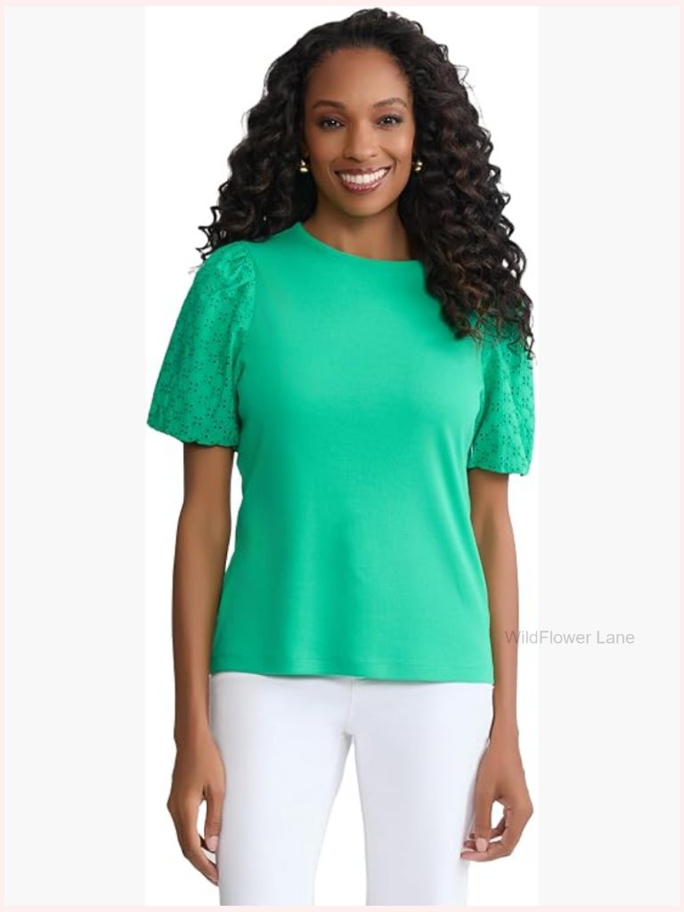 Women's Eyelet Sleeve Tee, 100% Cotton, Regular Fit, Crew Neck, Short Sleeve,